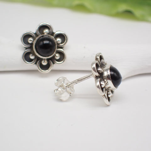 Sterling Silver Black Onyx Flower Studs