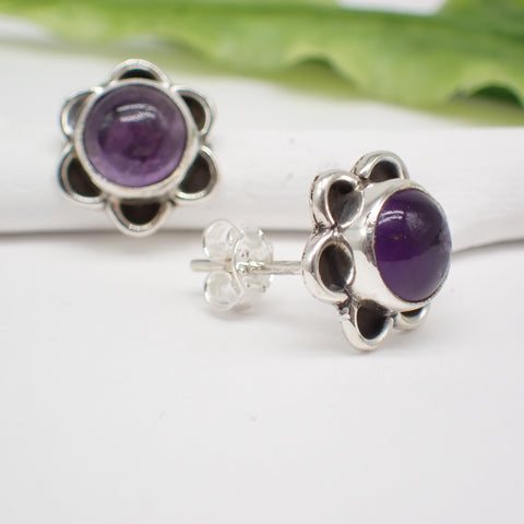 Amethyst Flower Sterling Silver Stud Earrings