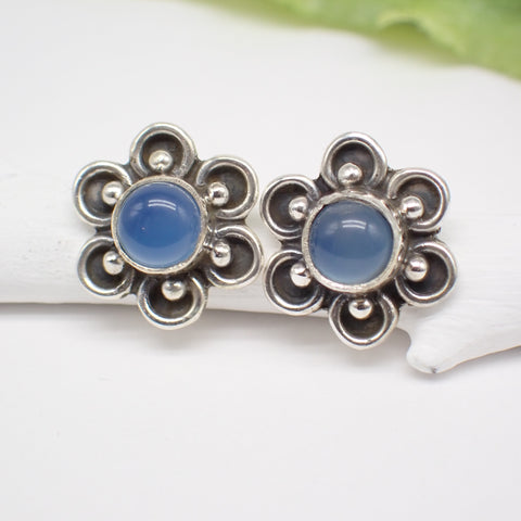 Sterling Silver Blue Chalcedony Flower Studs