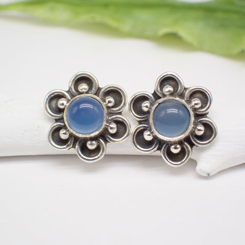 Sterling Silver Blue Chalcedony Flower Studs