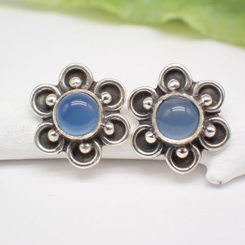 Sterling Silver Blue Chalcedony Flower Studs