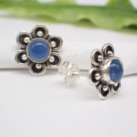 Sterling Silver Blue Chalcedony Flower Studs