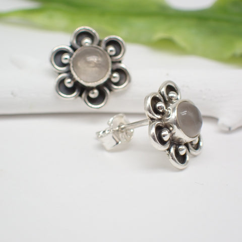 Sterling Silver Rose Quartz Flower Studs