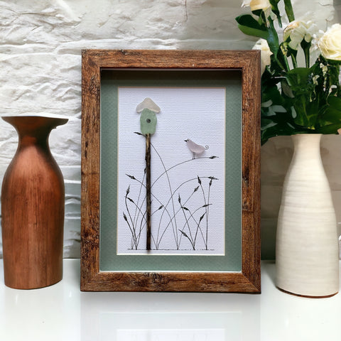 Sea Glass Bird with Birdhouse and Marsh Grasses Picture