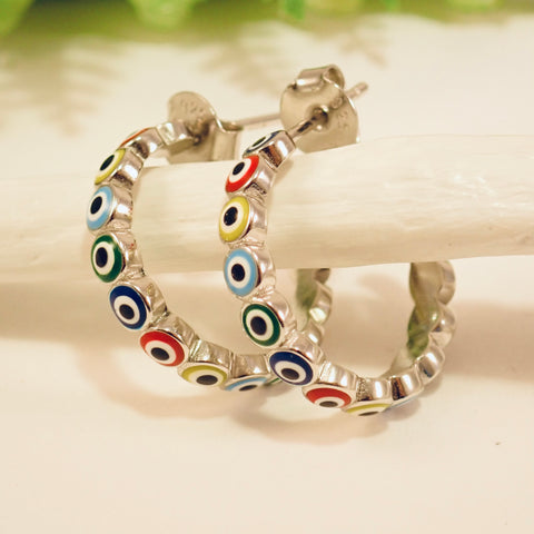 Sterling Silver multicolored Evil Eye Hoop Earrings