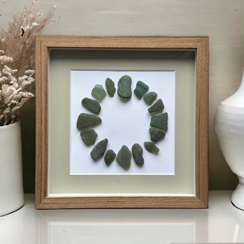 Deep Green Sea Glass Mosaic Circle Wreath Picture Mixed Media Art