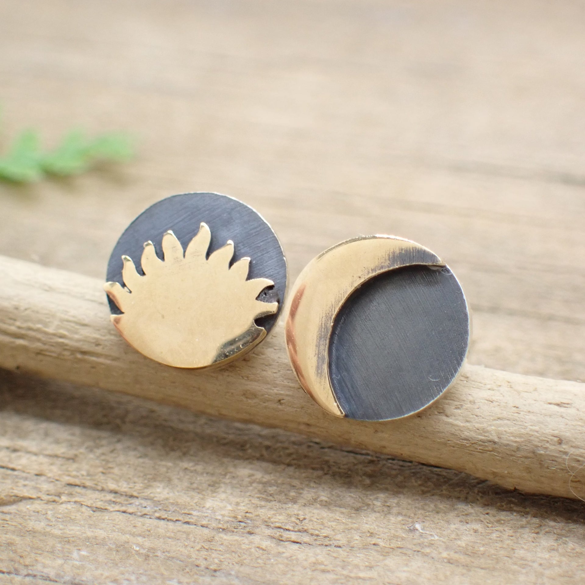 Sterling Silver Two Tone Celestial Stud Earrings