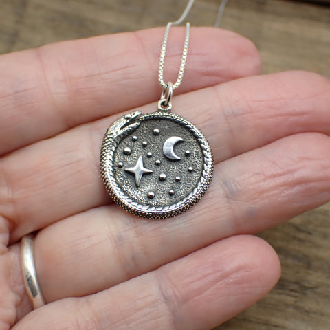 Sterling Silver Ouroboros with Moon and Stars Charm