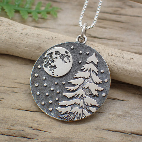 ♻️ Recycled Sterling Silver Snowy Moon Lit Pine Tree Charm