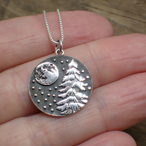 ♻️ Recycled Sterling Silver Snowy Moon Lit Pine Tree Charm