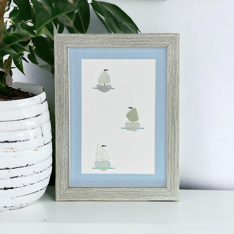 Three Sea Glass Sail Boats Sailing Picture Pebble Art