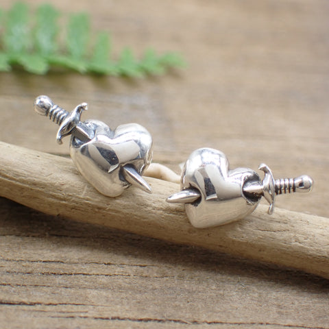 Sterling Silver Sword and Heart Stud Earrings