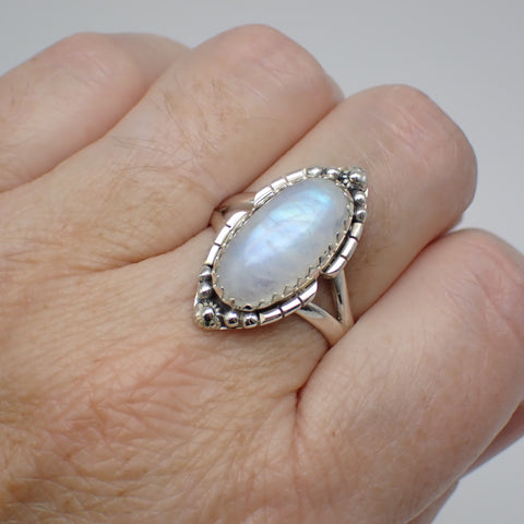 Anillo de plata de ley con piedra lunar arcoíris - Talla 10 