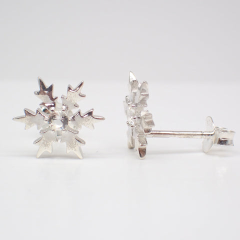 ♻️ Recycled Sterling Silver Snowflake Stud Earrings with Crystal Center