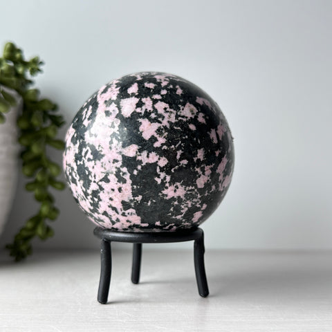 Rhodonite Sphere on Metal Stand