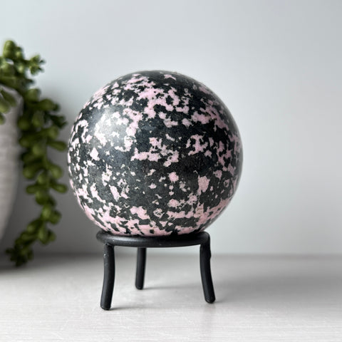 Rhodonite Sphere on Metal Stand