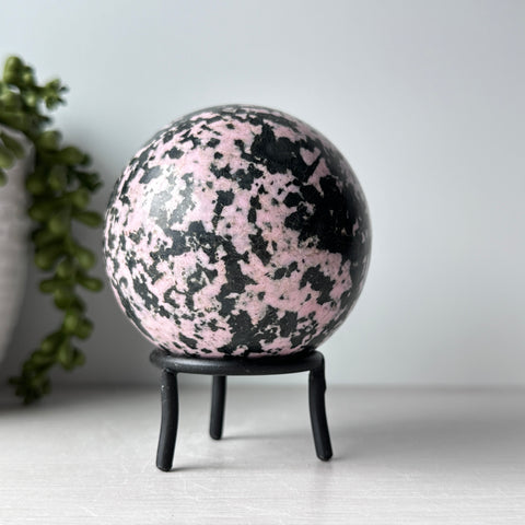 Rhodonite Sphere on Metal Stand