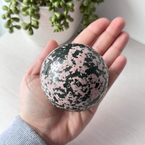 Rhodonite Sphere on Metal Stand