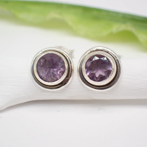 Sterling Silver Faceted Round Amethyst Studs