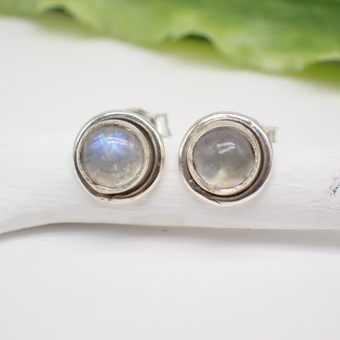 Sterling Silver Round Rainbow Moonstone Studs