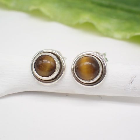 Sterling Silver Round Tigers Eye Studs