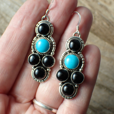 Sleeping Beauty and Black Onyx Sterling Silver Earrings by Carol Wylie