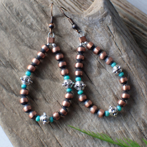 Copper & Sterling Silver Navajo Pearl Hoop Earrings with Turquoise by Native American Artist