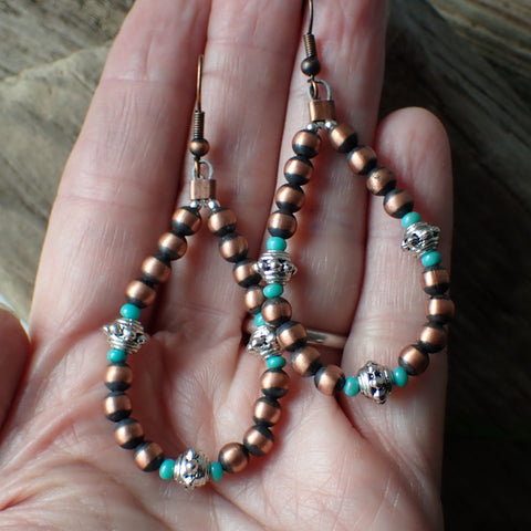 Copper & Sterling Silver Navajo Pearl Hoop Earrings with Turquoise by Native American Artist