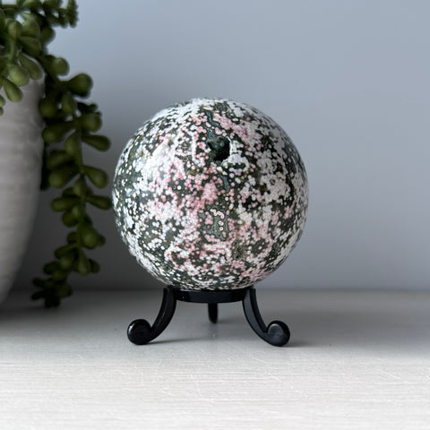 Pink & Green Ocean Jasper Sphere on Cute Stand