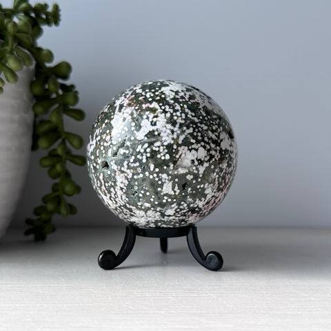 Pink & Green Ocean Jasper Sphere on Cute Stand