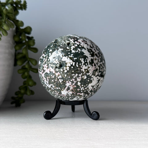 Pink & Green Ocean Jasper Sphere on Cute Stand