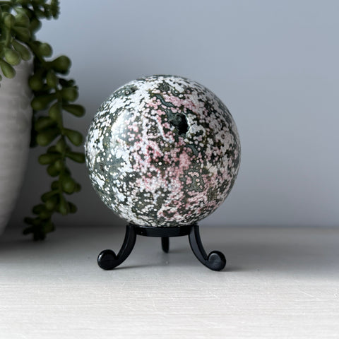 Pink & Green Ocean Jasper Sphere on Cute Stand