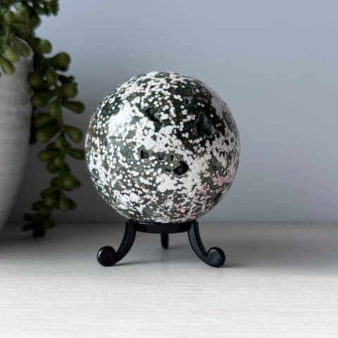 Pink & Green Ocean Jasper Sphere on Cute Stand