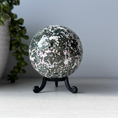 Pink & Green Ocean Jasper Sphere on Cute Stand