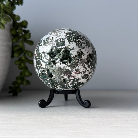 Pink & Green Ocean Jasper Sphere on Cute Stand