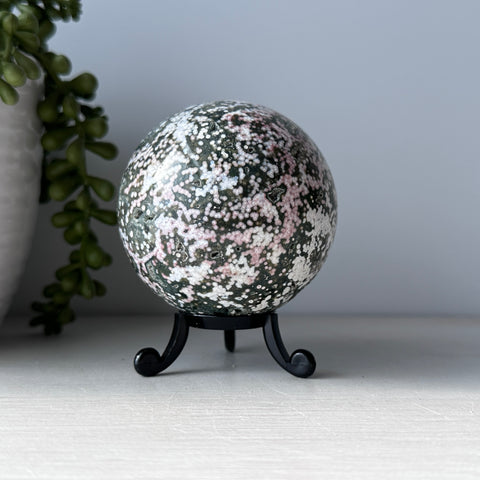 Pink & Green Ocean Jasper Sphere on Cute Stand