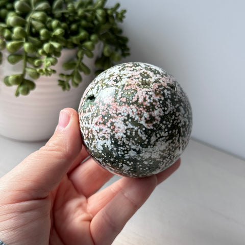 Pink & Green Ocean Jasper Sphere on Cute Stand