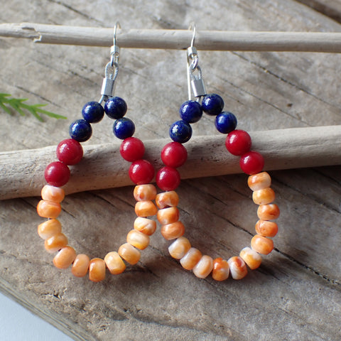 Sterling Silver Spiny Oyster, Red Jasper & Lapis Lazuli Beaded Earrings by Native American Artist