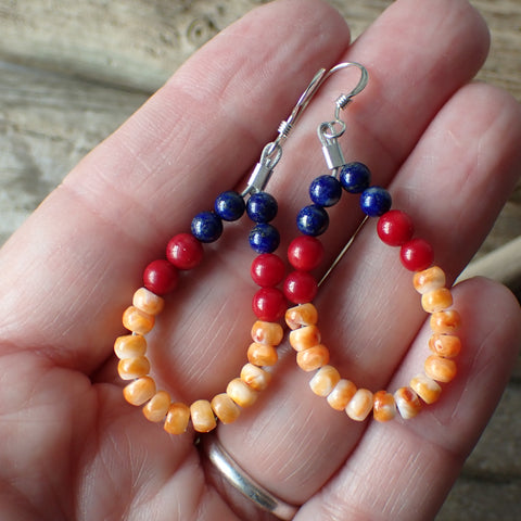 Sterling Silver Spiny Oyster, Red Jasper & Lapis Lazuli Beaded Earrings by Native American Artist