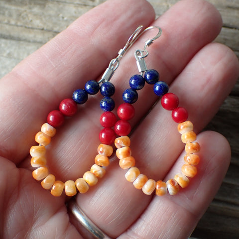 Sterling Silver Spiny Oyster, Red Jasper & Lapis Lazuli Beaded Earrings by Native American Artist