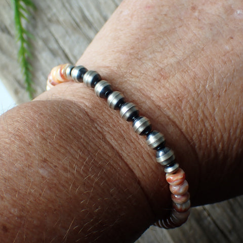 Sterling Silver Navajo Pearl & Spiny Oyster Bracelet by Native American Artist