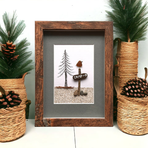 Sea Glass Bird on a Camp Sign Picture Pebble Driftwood Art