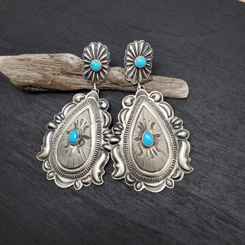 Navajo Artist Eugene Charley Signed Sterling Silver Stamped Statement Earrings with Turquoise