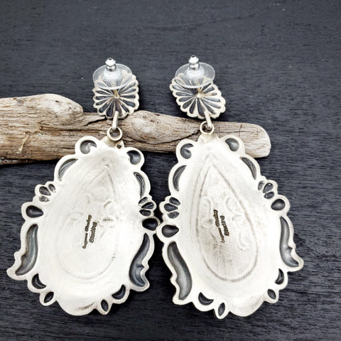 Navajo Artist Eugene Charley Signed Sterling Silver Stamped Statement Earrings with Turquoise