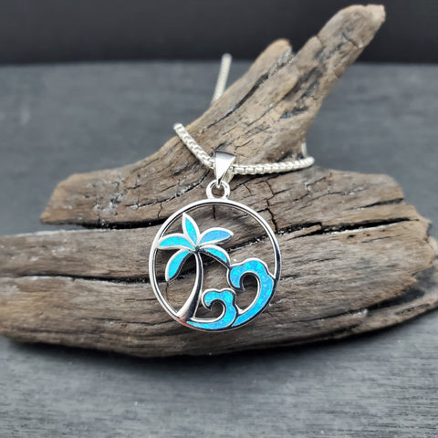 Sterling Silver and Blue Lab Fire Opal Tropical Palm Tree and Waves Beach Necklace
