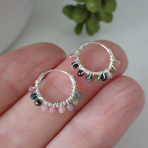 sterling silver tourmaline stone hoop earrings