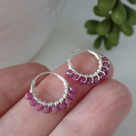 sterling silver pink tourmaline stone hoop earrings