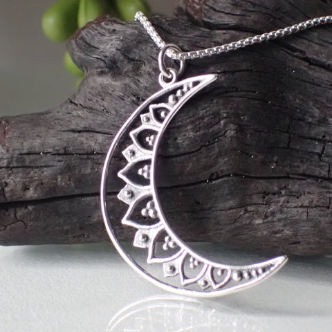 Sterling Silver Mandala Crescent Moon Necklace made from Recycled Silver