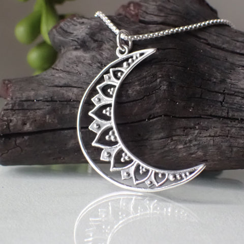 Sterling Silver Fancy Crescent Moon Necklace