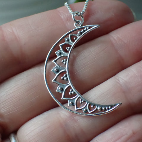 Sterling Silver Fancy Crescent Moon Necklace